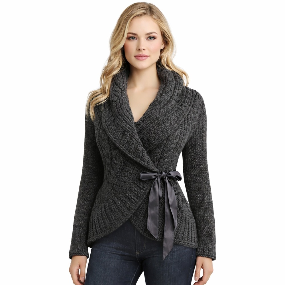 Miss Me Charcoal Grey‎ Wool Blend Mixed Cable Knit Cardigan with Satin Ribbon